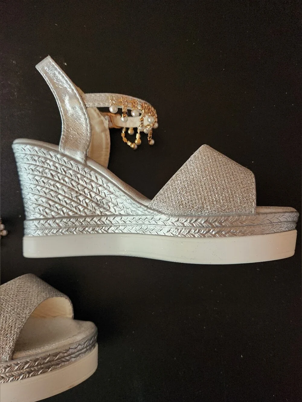 Sparkle Silver Wedge Sandals with Beaded Ankle Strap